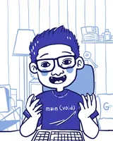 Ilustrasi laki-laki berkacamata duduk di ruang kerja, memakai kaus bertuliskan “main (void)”, kedua tangan terangkat menghadap, tidak menyentuh keyboard.