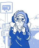 Ilustrasi perempuan berkacamata memakai jilbab, penutup telinga, dan jaket tebal berkerah bulu, tampak kedinginan, berdiri di pemberhentian bus, di daerah bersalju.