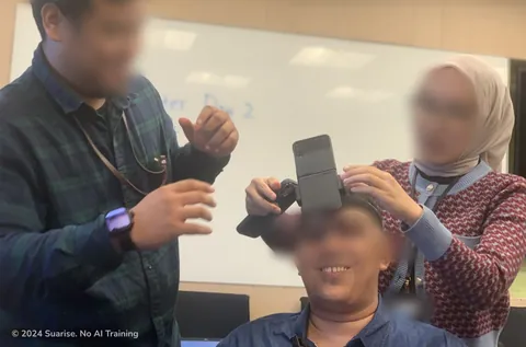 Sesi pengujian pengguna: seorang peserta tersenyum dengan ponsel terpasang di kepalanya, sementara rekan berjilbab membantu menyesuaikannya