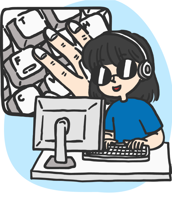 Ilustrasi perempuan berkacamata hitam dan headset mengetik di komputer desktop.